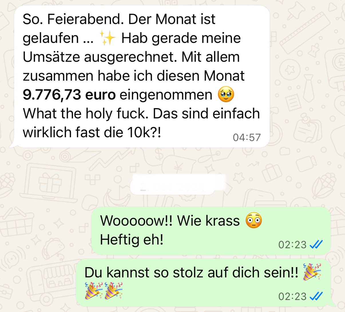 9.776€ Monatsumsatz — von unsicher zu fast 10K im Monat.